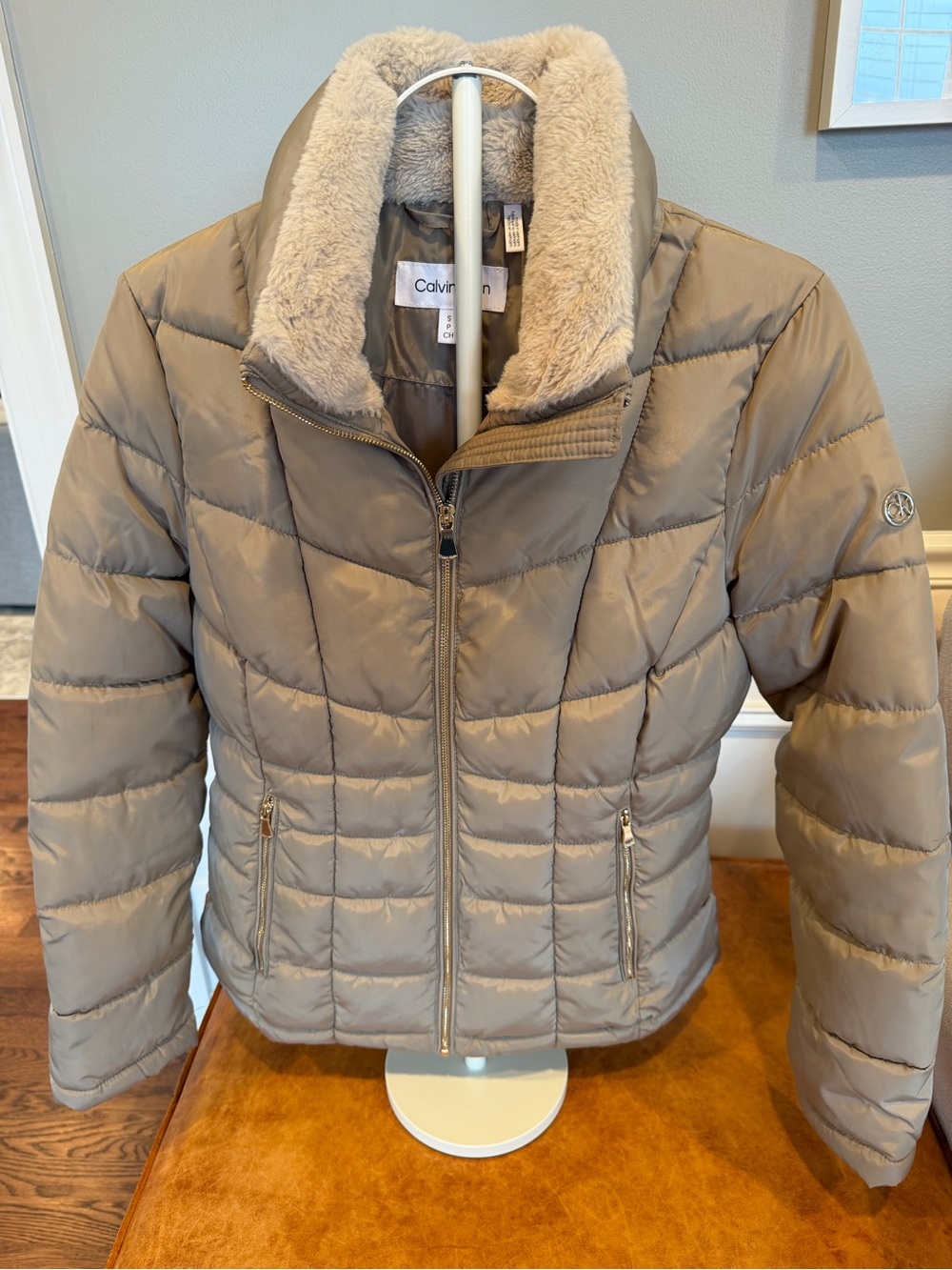Calvin Klein Women's Taupe Quilted Puffer Jacket with Faux Fur Trim